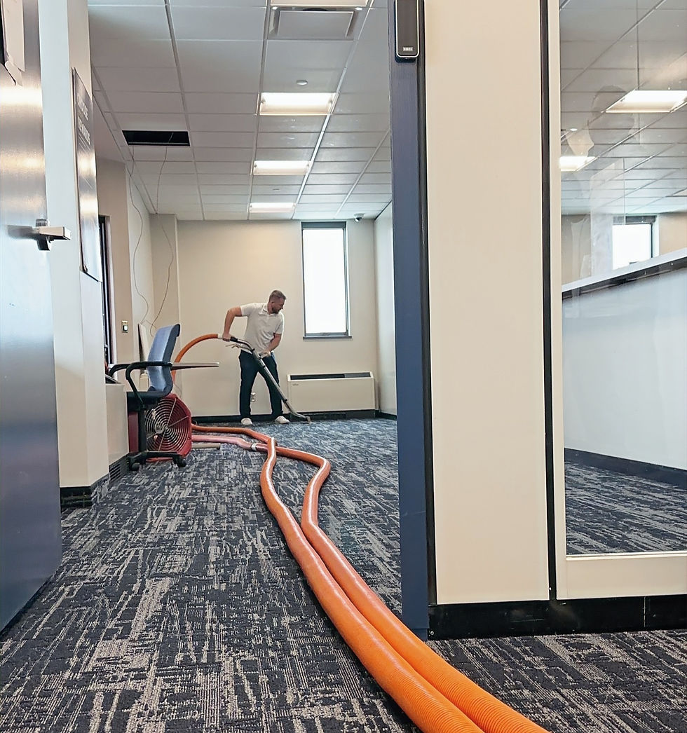 Clean Team USA Carpet Technician Carl Carter Using a High Power High Efficiency Carpet Cleaning Extractor with Industrial Air Mover to Ensure Thorough Drying