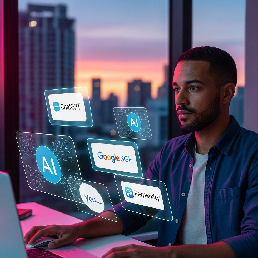 Homem brasileiro pardo de 30 e poucos anos observa atentamente telas digitais flutuantes com logos de IA como ChatGPT, Google SGE, You.com e Perplexity em um escritório moderno iluminado com luzes LED rosa e azul, ao entardecer.