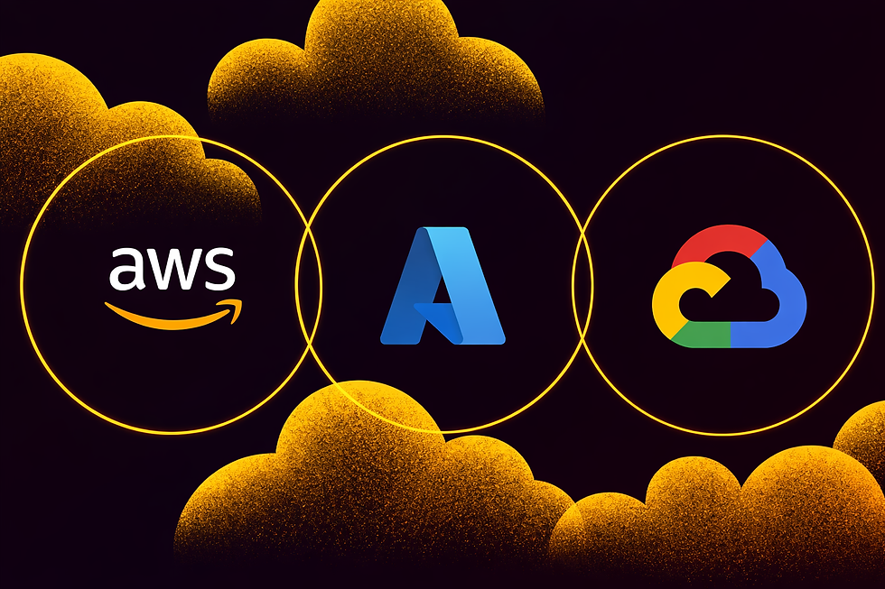 Logotipos da AWS, Azure e Google Cloud em círculos sobre fundo escuro com nuvens douradas, destacando serviços de computação em nuvem.