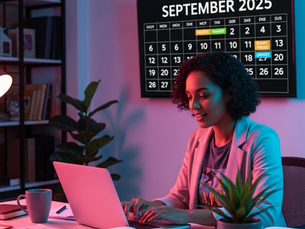 Mulher em escritório com calendário de setembro de 2025, planejando marketing no laptop.
