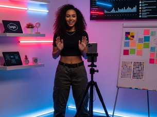 Mulher jovem e carismática, em estúdio com luzes de neon, faz live para a câmera.