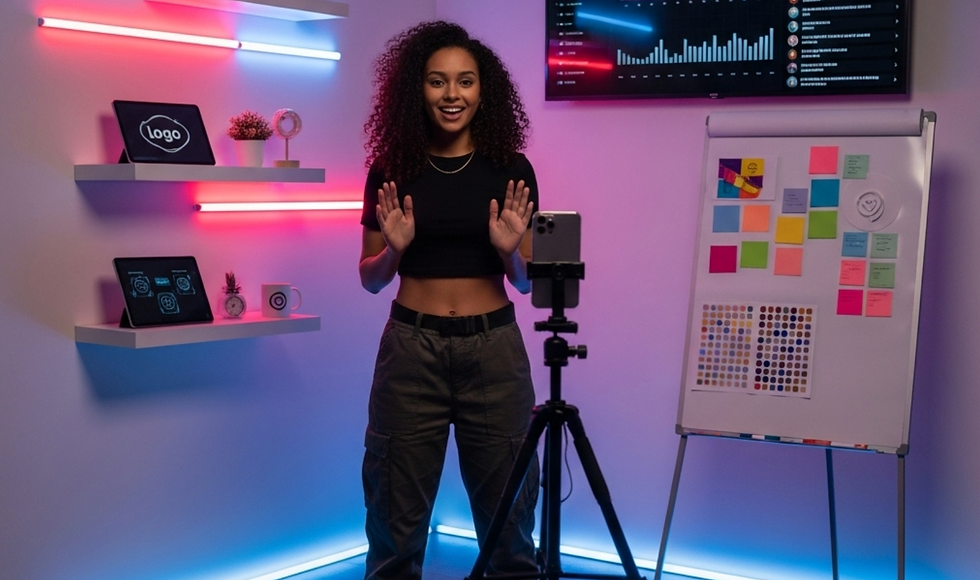 Mulher jovem e carismática, em estúdio com luzes de neon, faz live para a câmera.