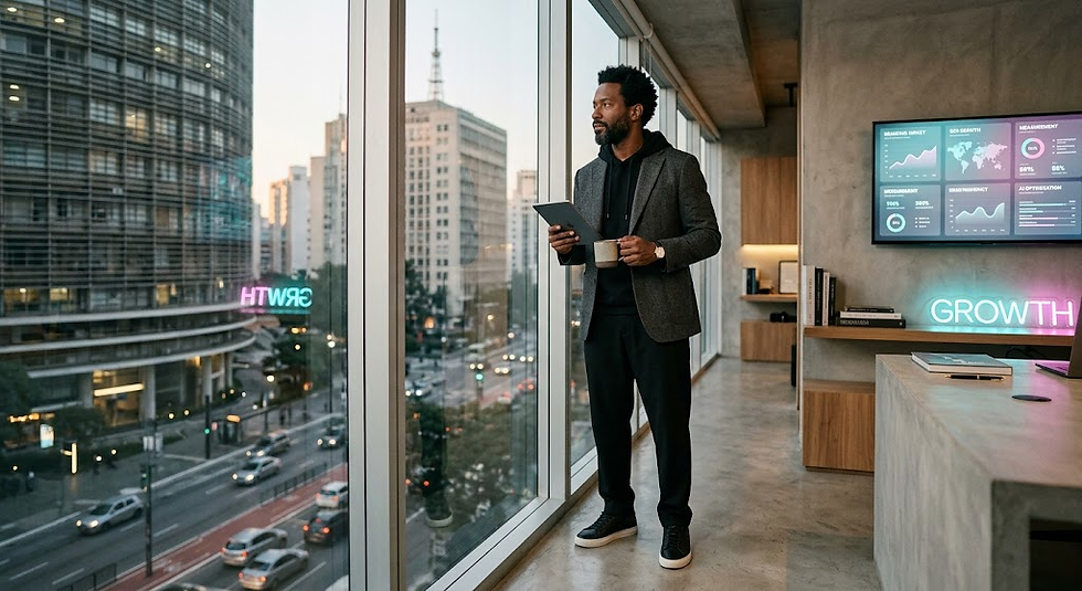 Homem de blazer em escritório moderno, segurando tablet e café, diante de janela com vista da cidade e tela com GROWTH.
