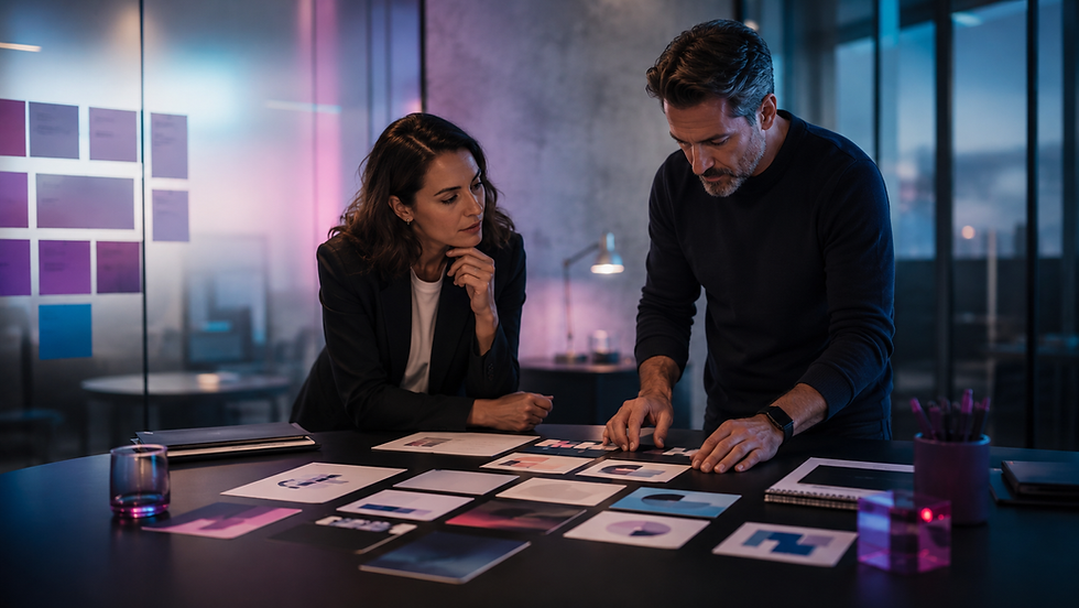 Duas pessoas analisam layouts de design numa mesa em escritório moderno, com post-its roxos e luz azul-rosa.