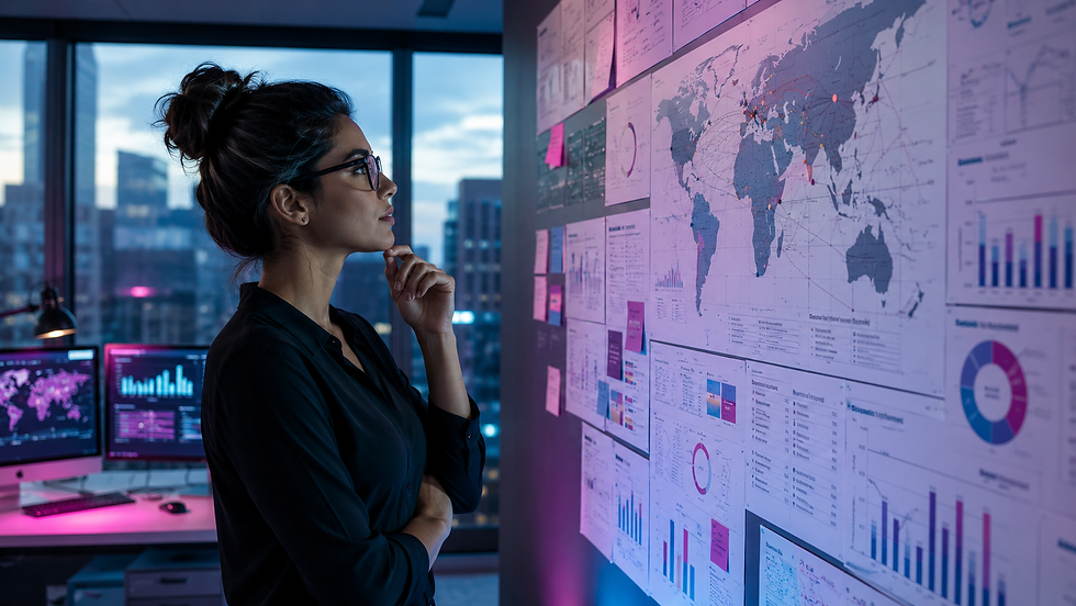 Mulher de óculos observa mapa-múndi e gráficos em painel de dados, em escritório moderno com luzes rosa e vista da cidade.