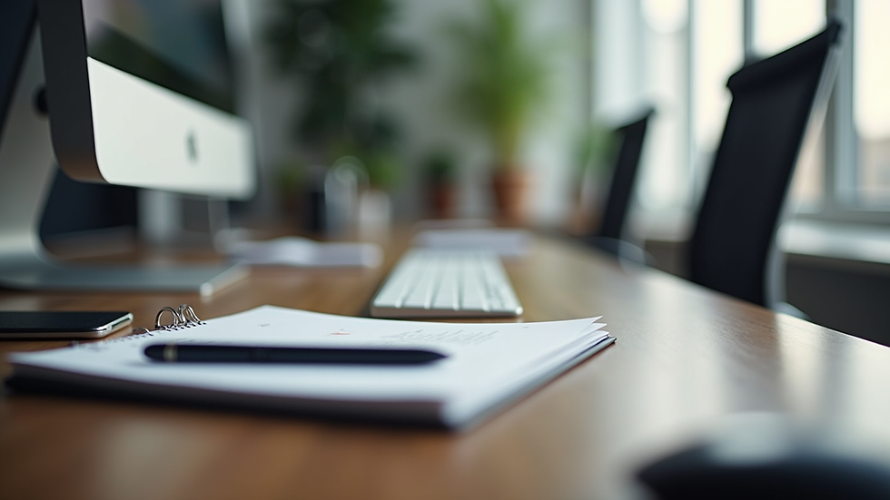 Eye-level view of a modern office desk with a computer and marketing tools