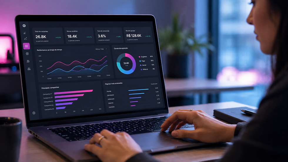 Pessoa trabalha em laptop exibindo gráficos coloridos e métricas. Ambiente de escritório com luz suave. Tela mostra dados de campanhas.