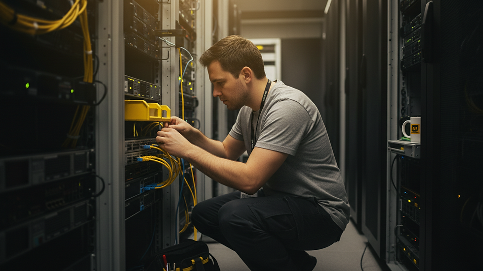 Close-up view of a technician configuring network equipment