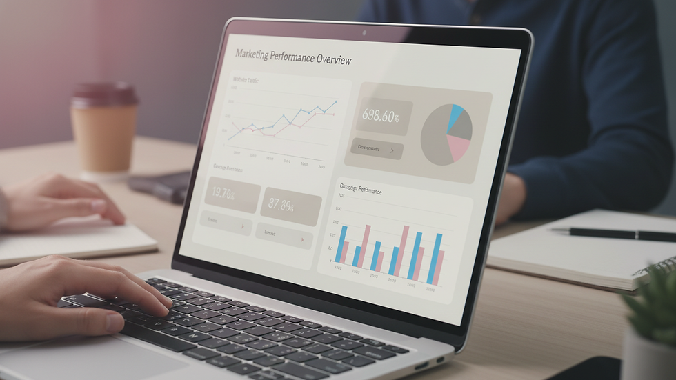Close-up view of a laptop screen showing marketing analytics dashboard