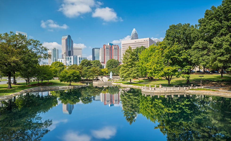 City skyline and trees reflected in park lake