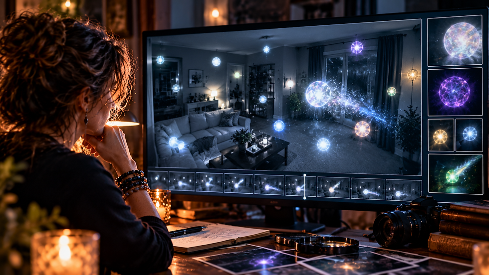 Woman examining security camera footage showing unusual orb-like lights in a living room