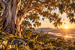 A majestic old Australian eucalyptus tree surrounded by native wildlife, including a kookaburra, Fairy Wren and kangaroo, overlooking a sunlit bushland landscape.