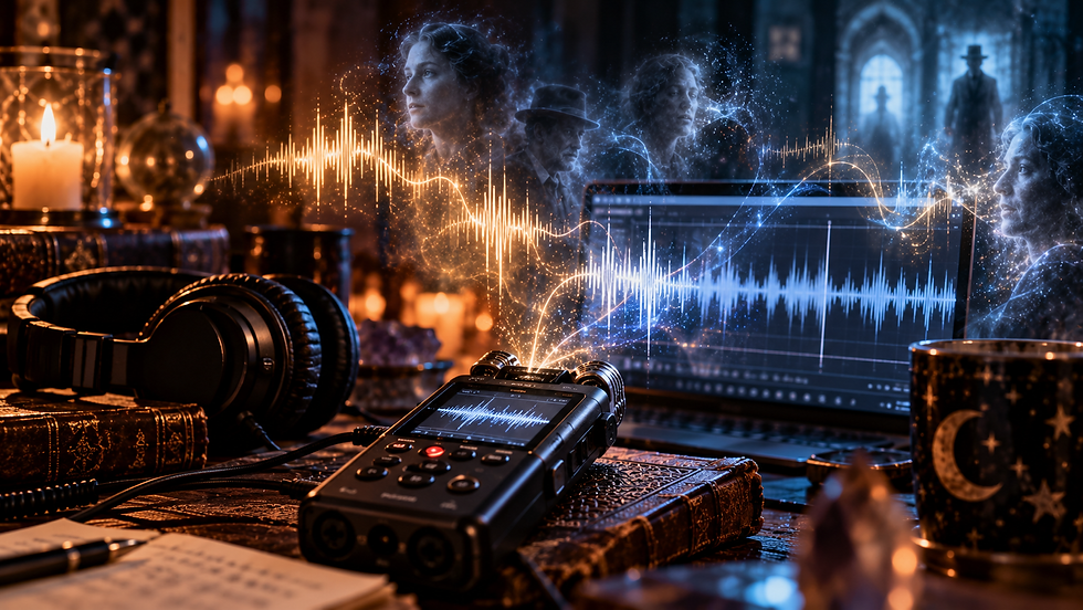 Conceptual illustration of an audio recorder, headphones and sound waveforms surrounded by ghostly figures, representing electronic voice phenomena (EVPs).