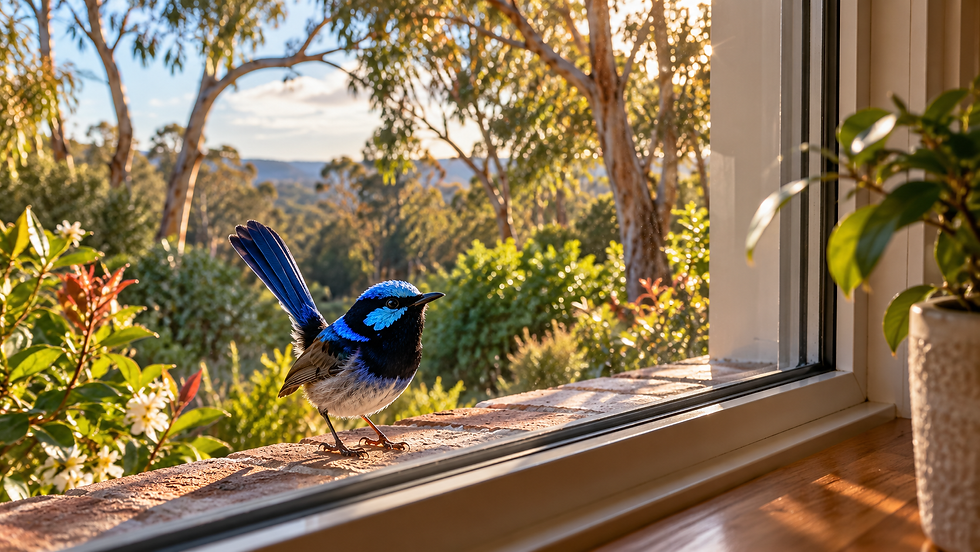 A male Superb Fairy Wren with vivid electric-blue and black plumage perched on a brick window ledge outside an Australian home, surrounded by native garden trees in warm sunlight.
