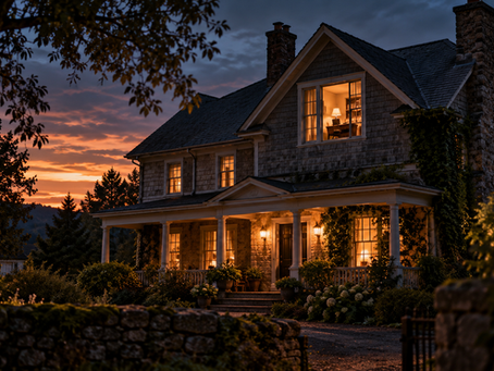 A family home at dusk with warm light glowing from an office window, illustrating the idea that places may hold memories of everyday life.
