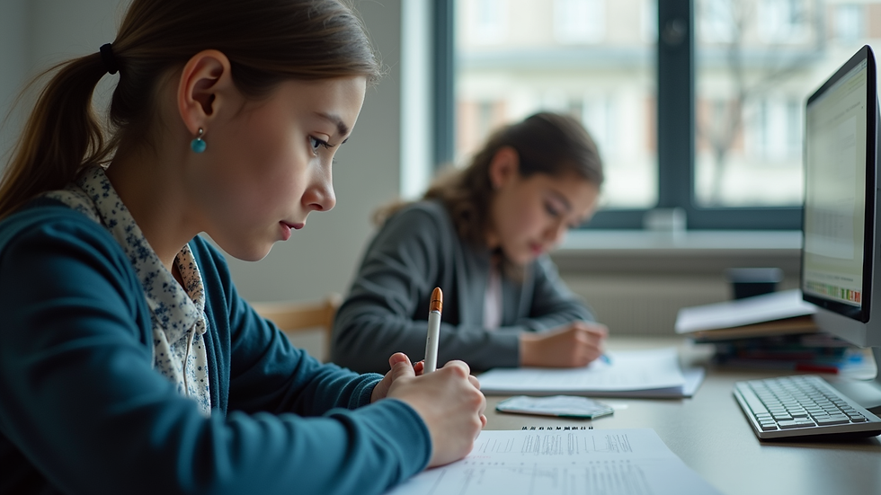 Eye-level view of a student studying science with a tutor at a desk