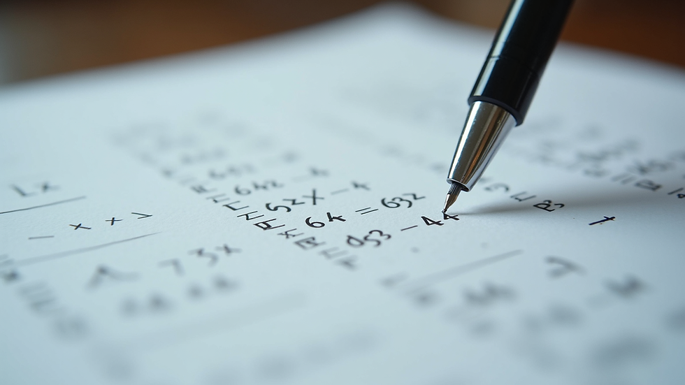 Close-up view of Maths exam paper with solved problems and a pen