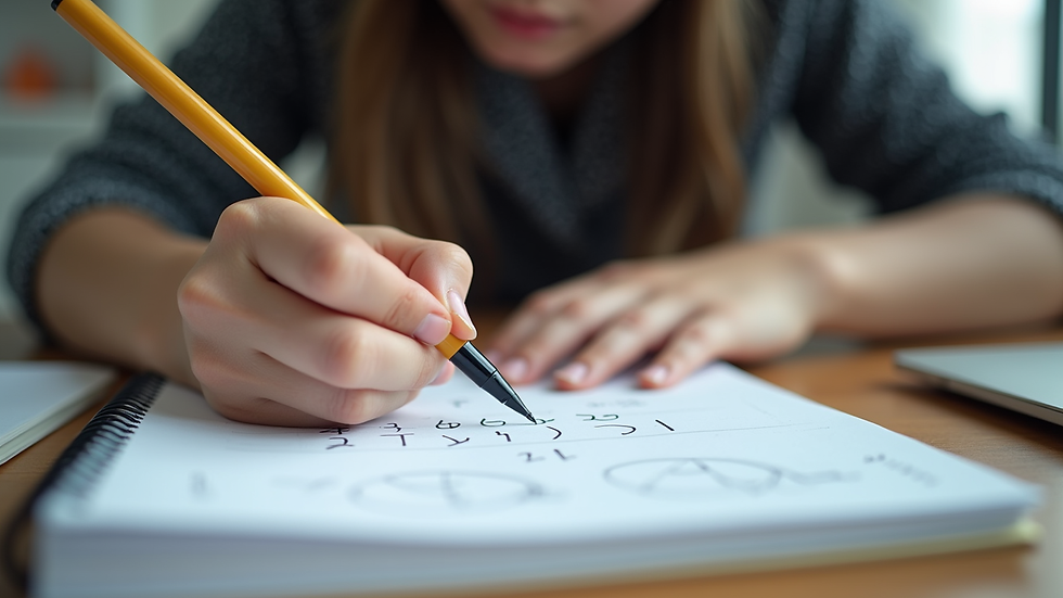 Eye-level view of a student solving math problems on a notebook