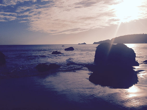 Silhouetted sea stacks along the Oregon coast at dusk, calm water reflecting a purple-blue sky