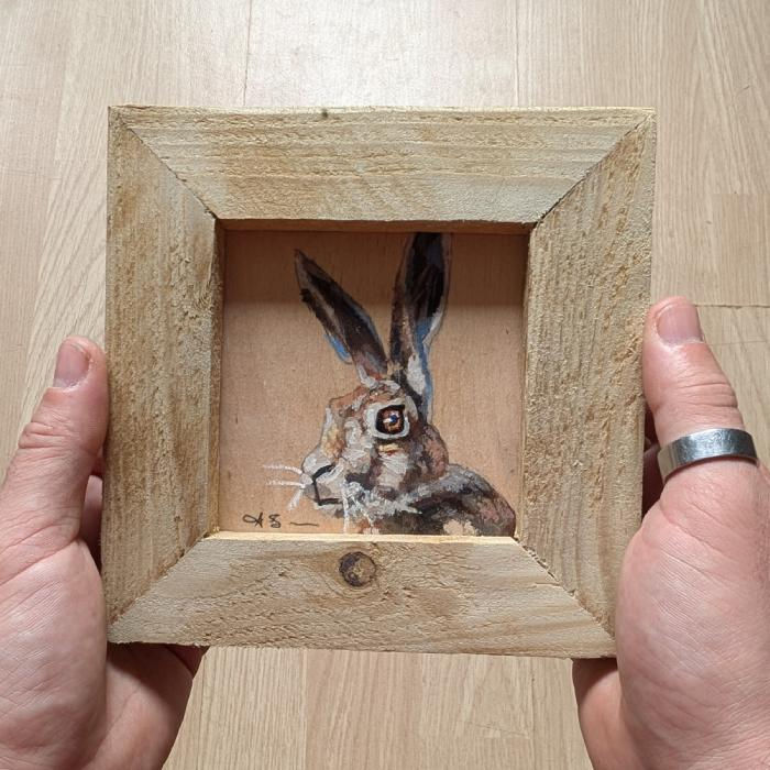 Thumbnail: Hare Miniature Acrylic painting in a handmade reclaimed wood frame