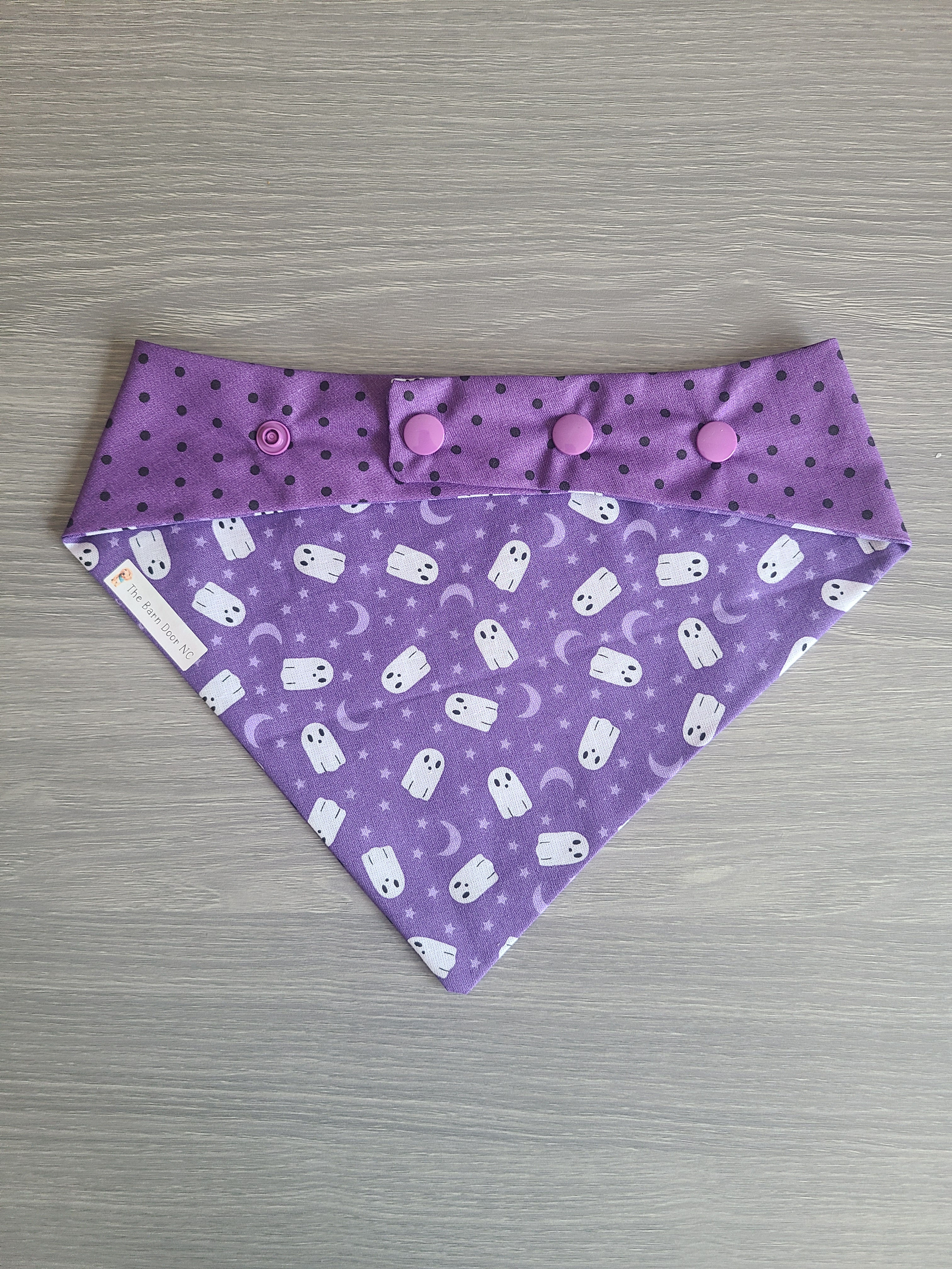 Purple Ghosties/Polka Dots - reversible dog bandana
