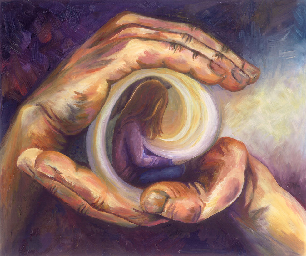 Art print of a girl sitting on giant, cradling hands with a swirl of color around her, coming from her heart