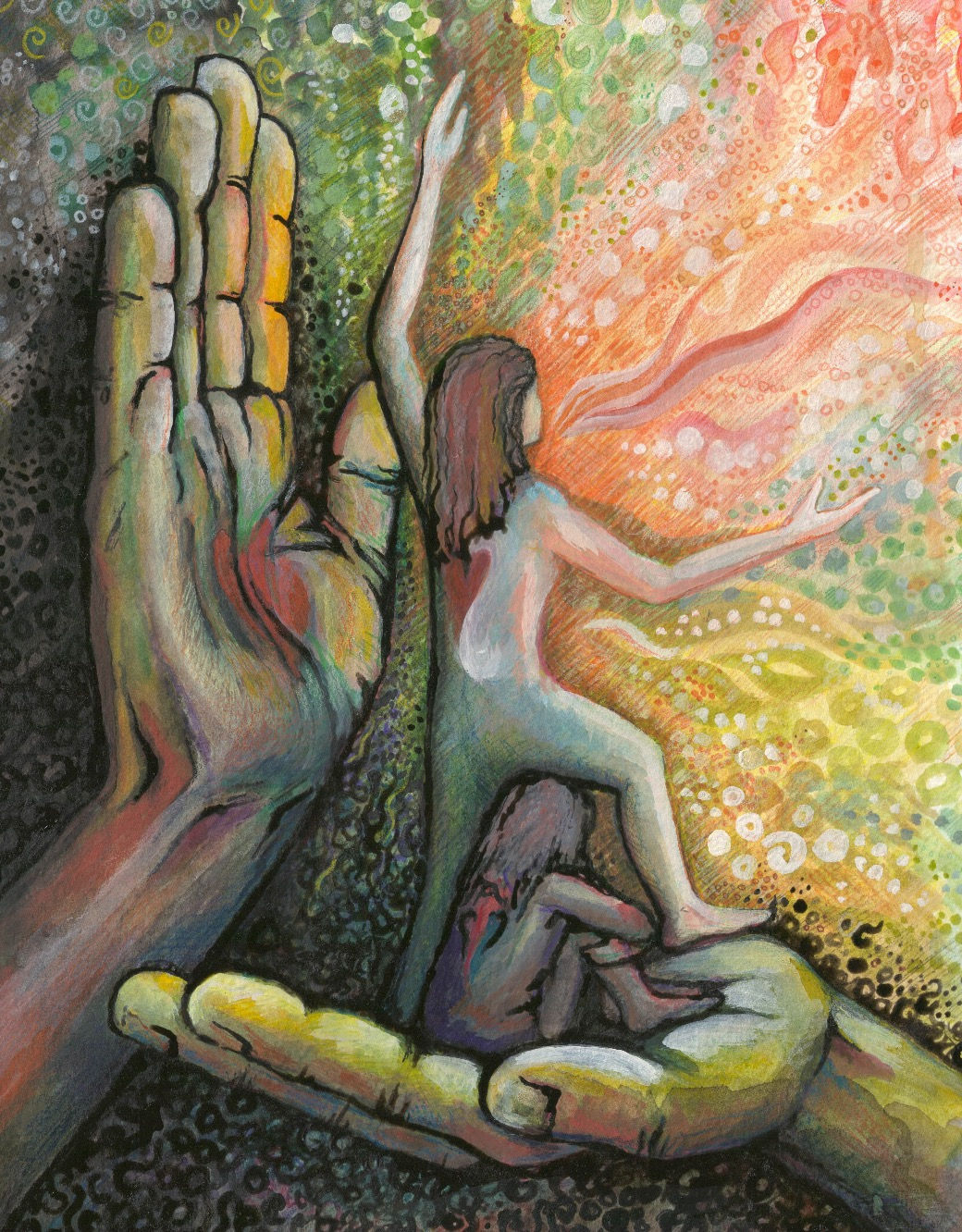 Art print of a woman standing on giant hands with light streaming into her chest