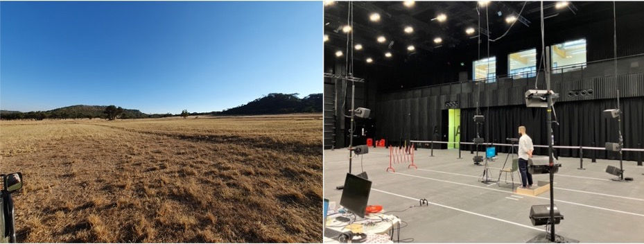 the left image is of a svanna; the right image shows the inside of the PEARL laboratory with some loudspeakers on the left and right and a person standing in the middlekers