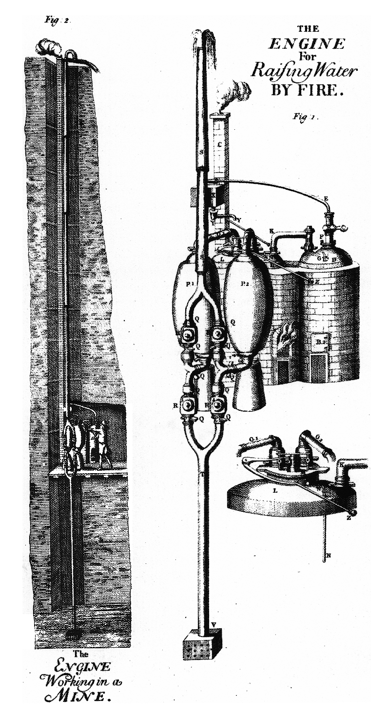 Savery's patent engine for raising water by fire, 1698