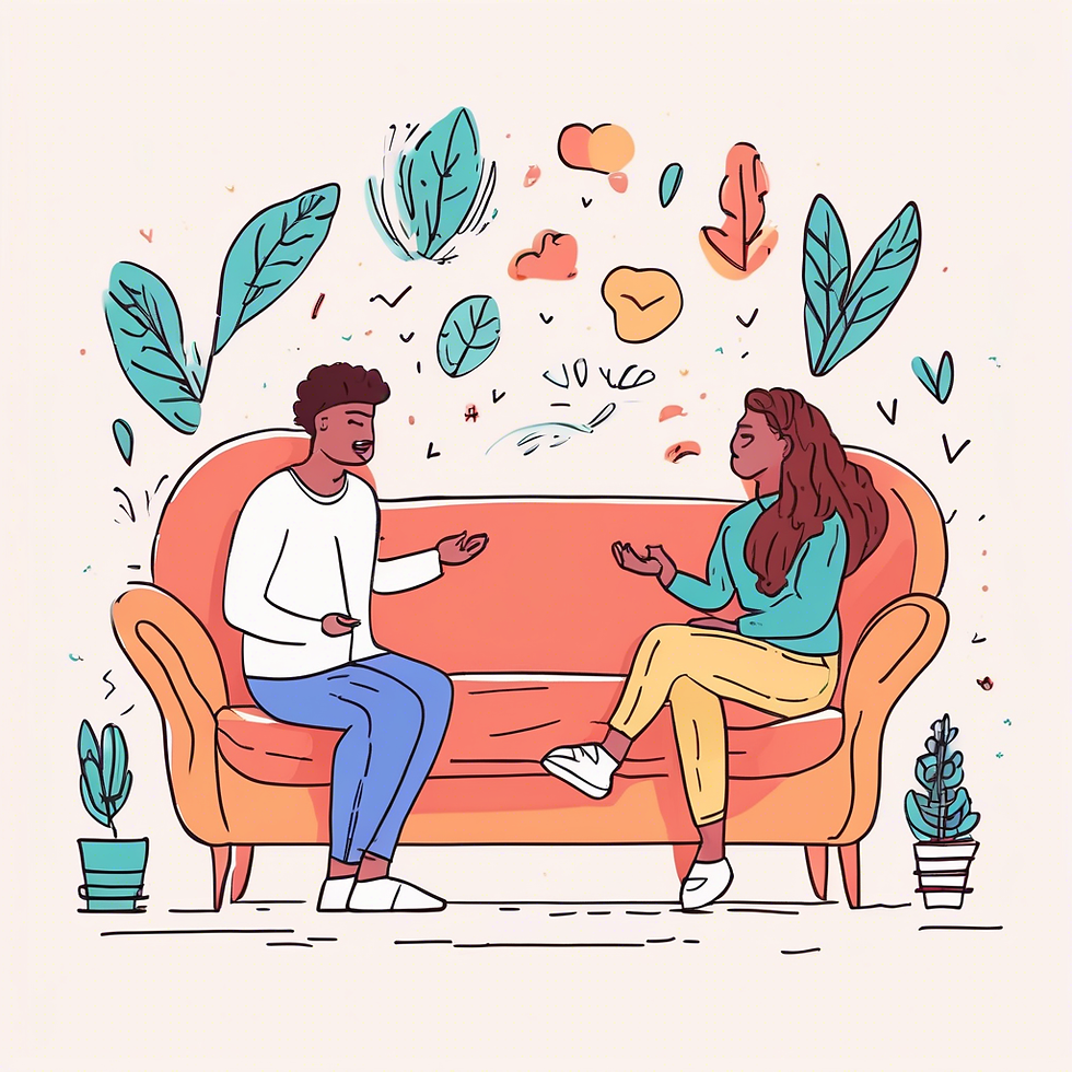 Two people sit on an orange couch, chatting cheerfully. Colorful leaves and plants surround them, creating a lively atmosphere.