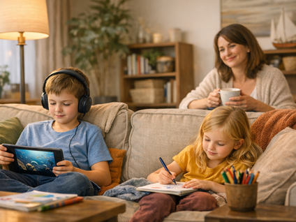 Entspannte Familie, Kinder mit Medienzeit auf dem Sofa