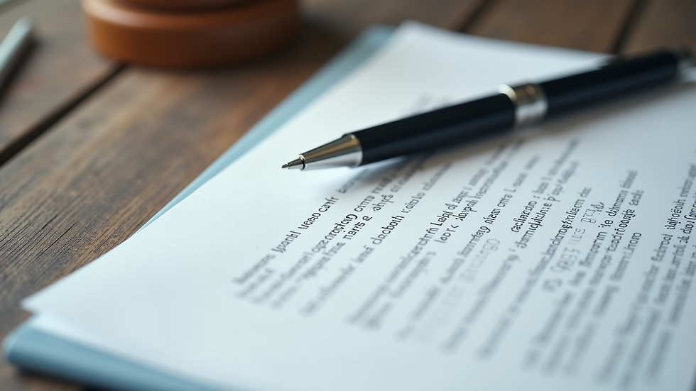 Close-up view of legal documents and a pen on a wooden desk
