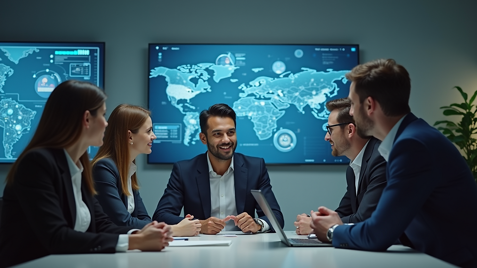 Eye-level view of a business team discussing AI solutions