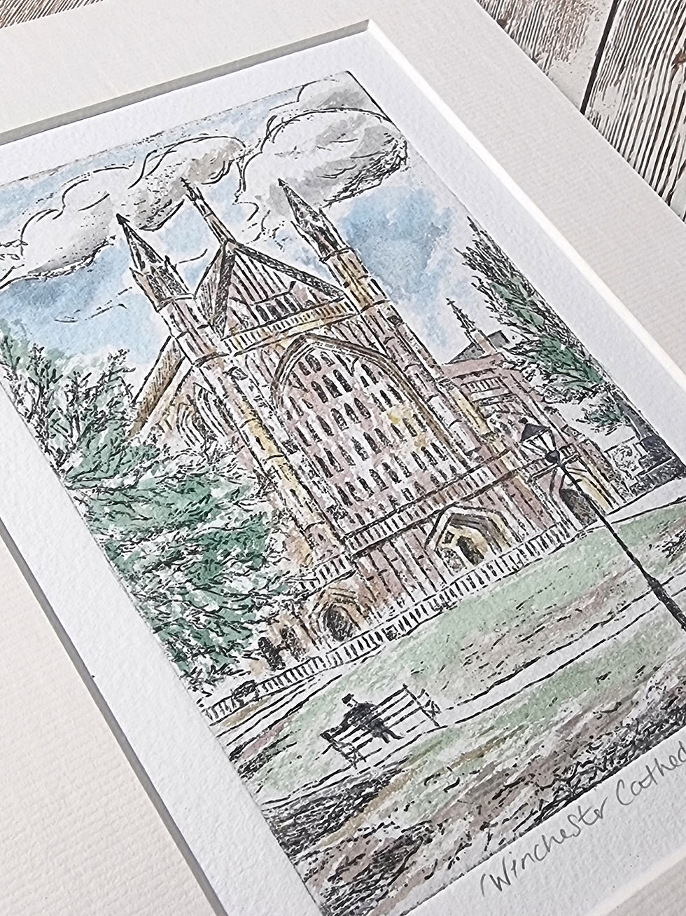 Thumbnail: Winchester Cathedral Etching and watercolour original print