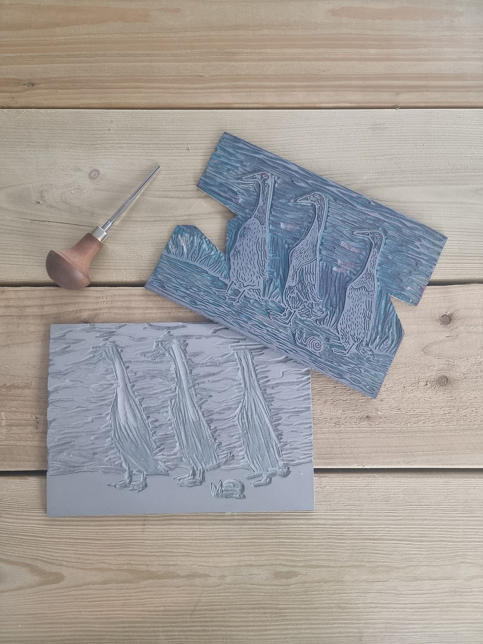 Thumbnail: an image of the 2 linocut used to create a A Different Pace original linocut print