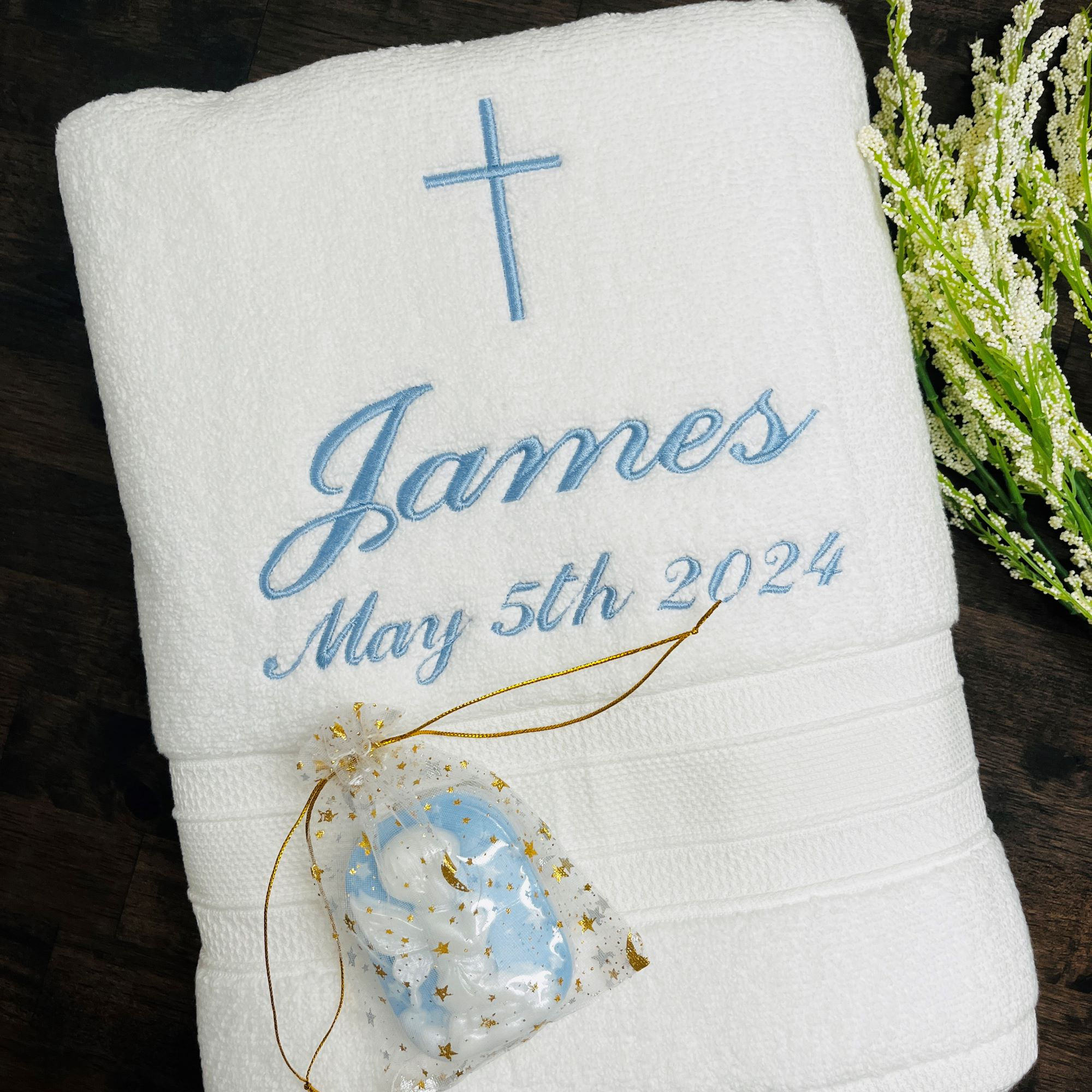 blue embroidery personalized baptism Christening towel and handmade soap set religion gift of embroidery