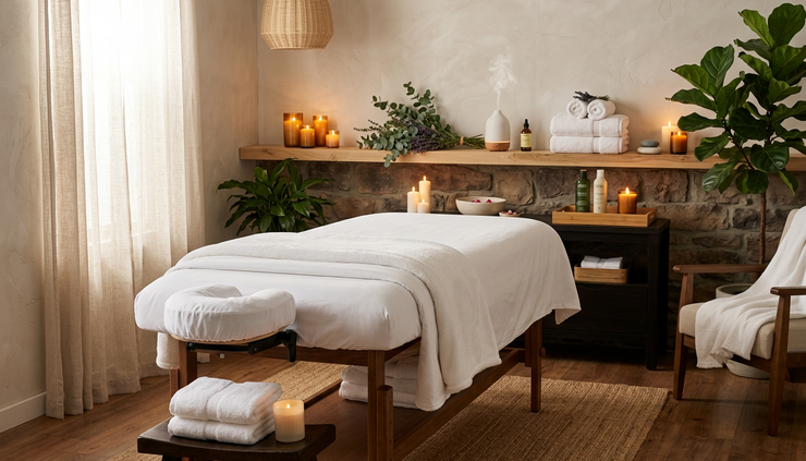 Eye-level view of a calm massage room with candles and folded towels.