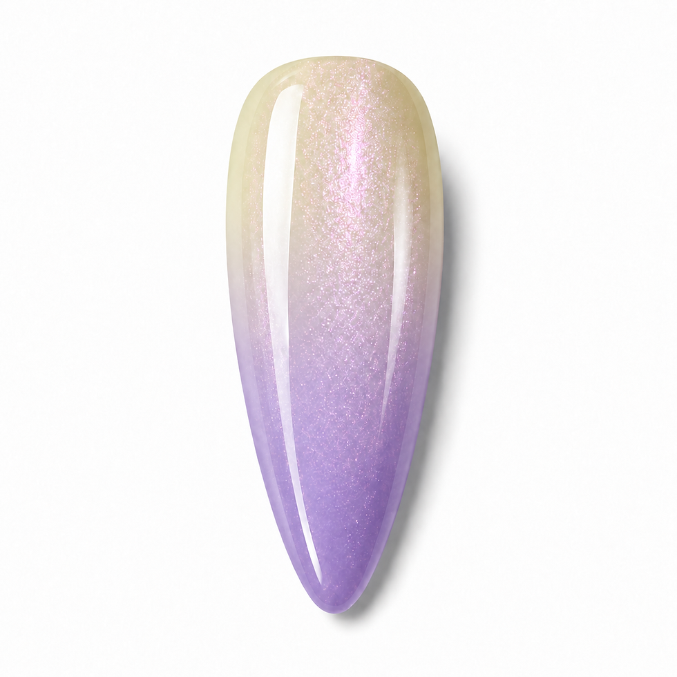 Limoncello Kiss nail swatch that is temperature changed shade. Turns from yellow and purple with beautiful shimmer.