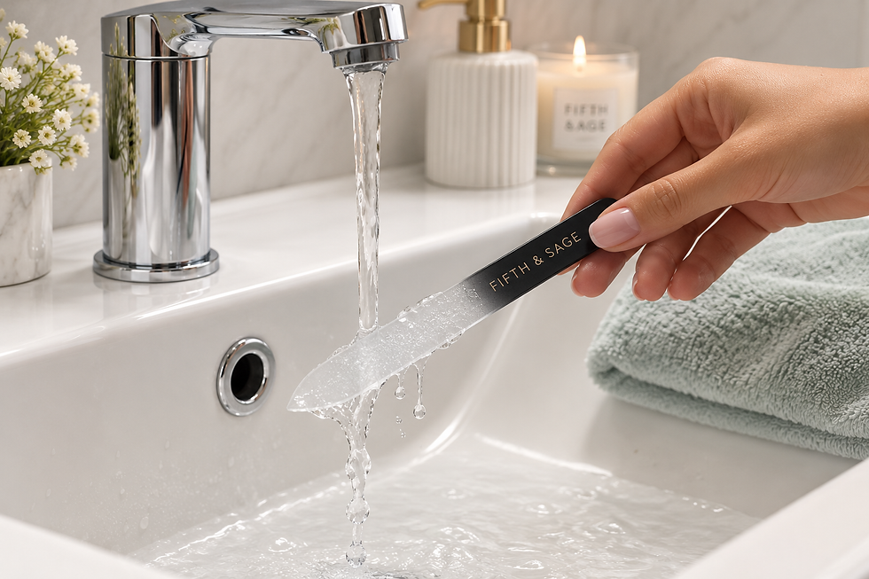 Eye-level view of a nail file being rinsed under running water