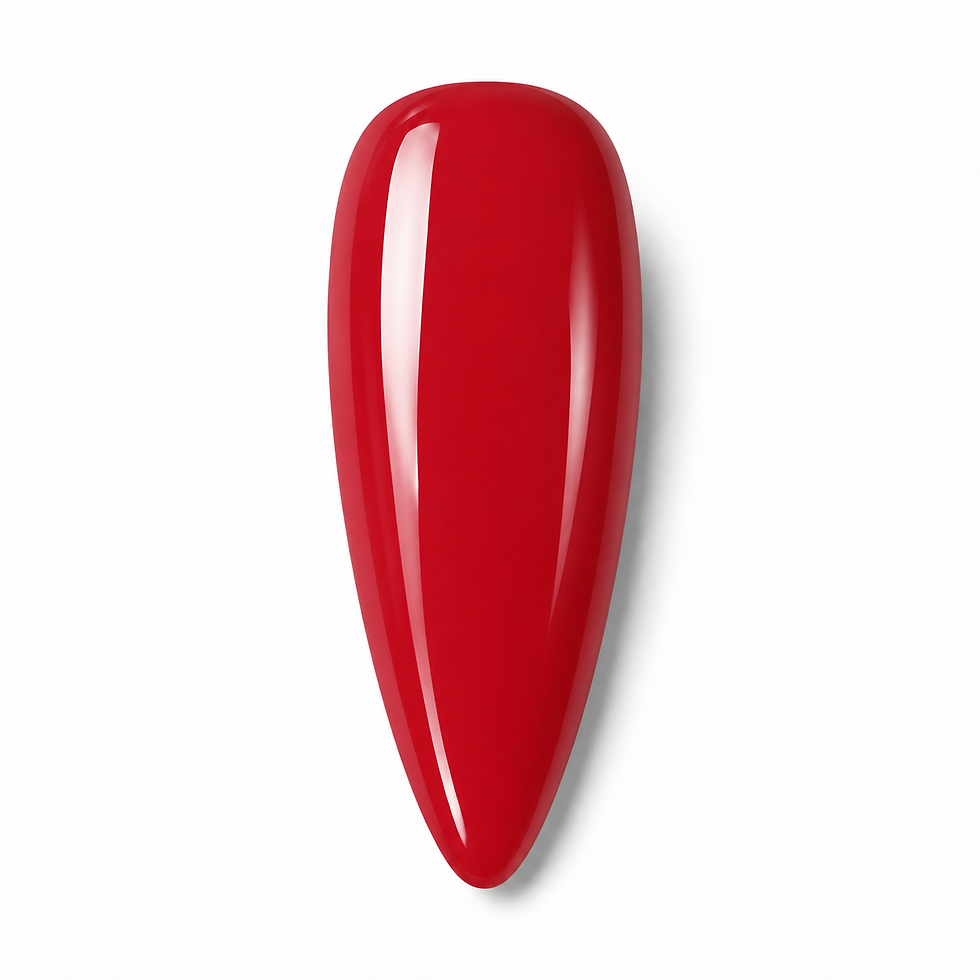 Glossy red almond-shaped nail swatch called Power Move