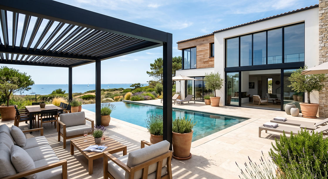 renovation villa sur l'ile de ré, conception pergola a lames aluminium et baies vitrées al