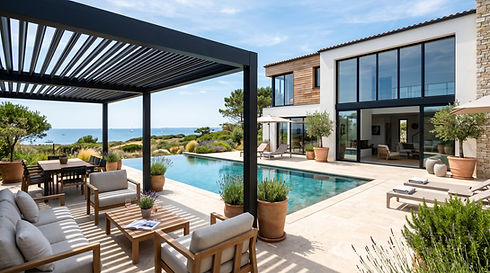 renovation villa sur l'ile de ré, conception pergola a lames aluminium et baies vitrées al