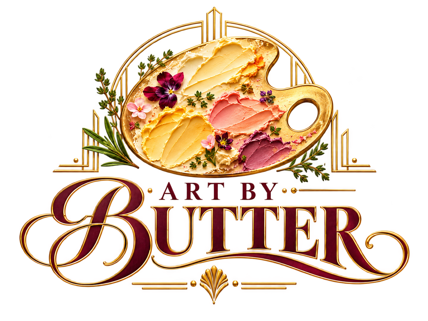 Approved Art by Butter logo with an artist’s gold palette, colorful butter brushstrokes, flowers and herbs