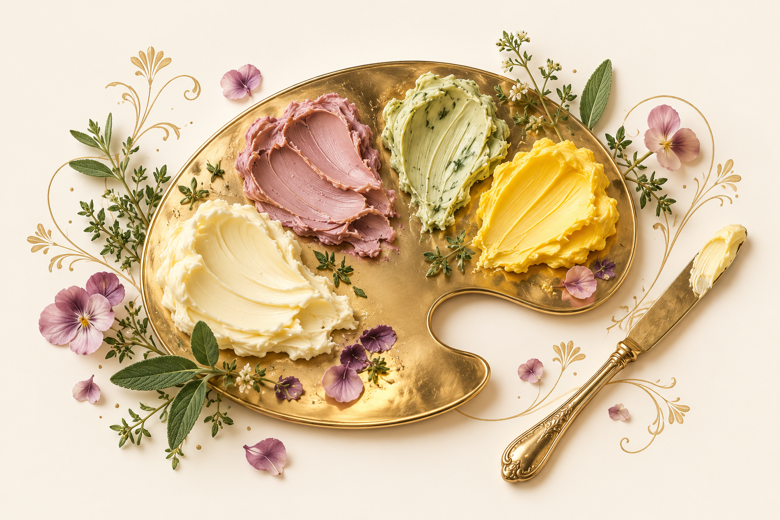 Whimsical gold painter’s palette with ivory, mauve, sage green and golden butter dabs, herbs and delicate flowers