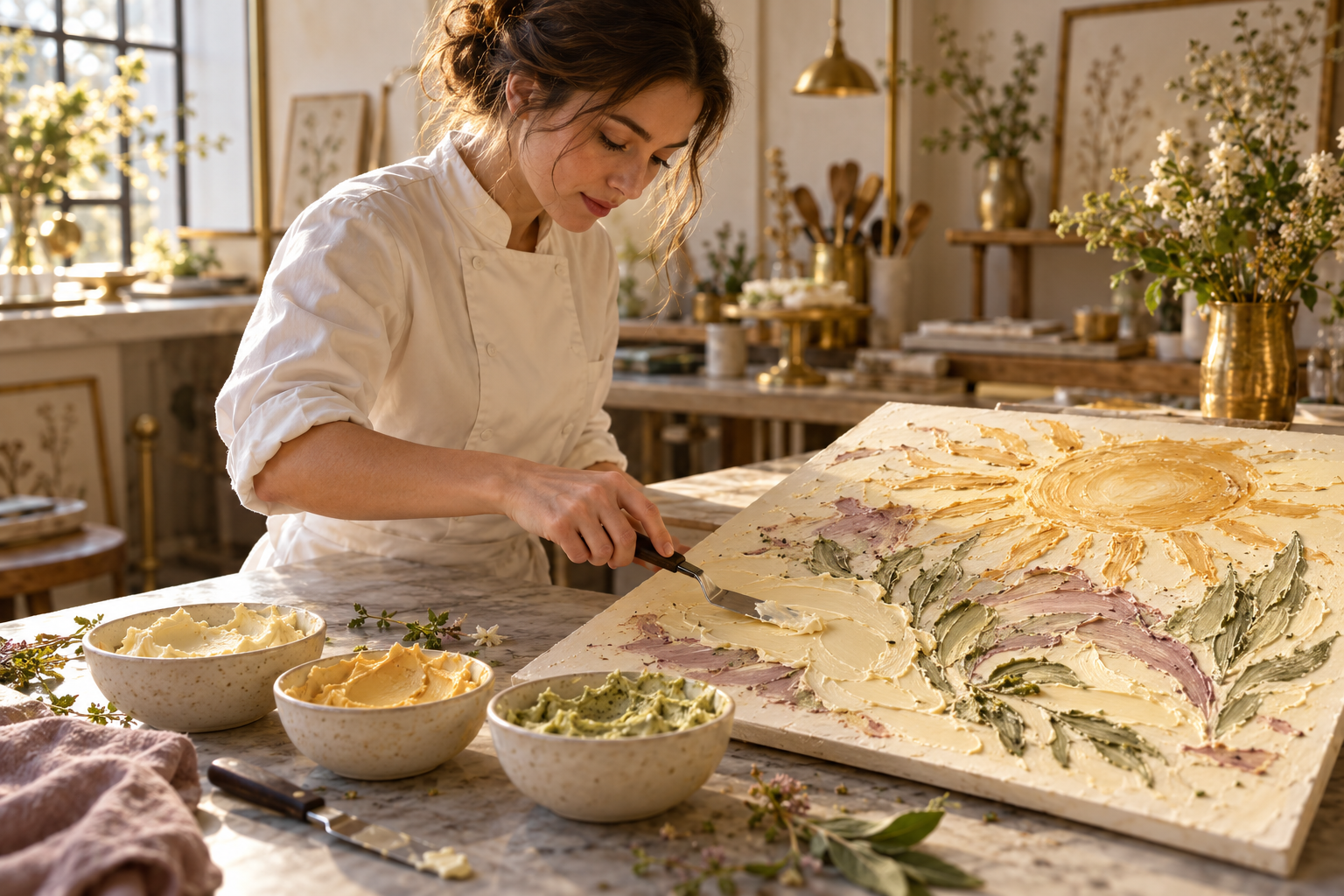 An artist in an ivory chef jacket uses a small metal palette knife to create a butter painting, with three bowls of butter beside the canvas