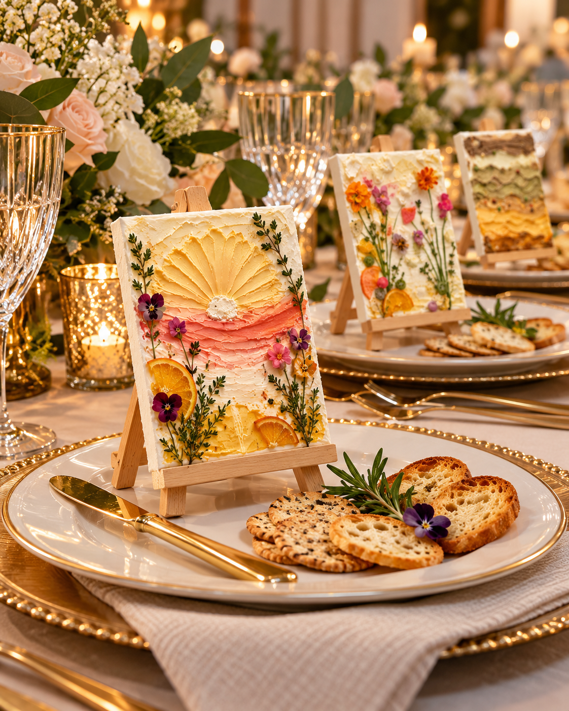 Butter art on individual easels at a candlelit dining table