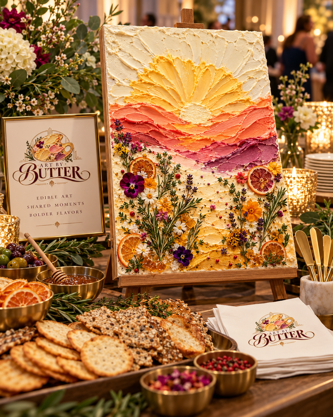 Sunrise butter canvas on a wooden easel, surrounded by flowers, candlelight and bread at a shared table