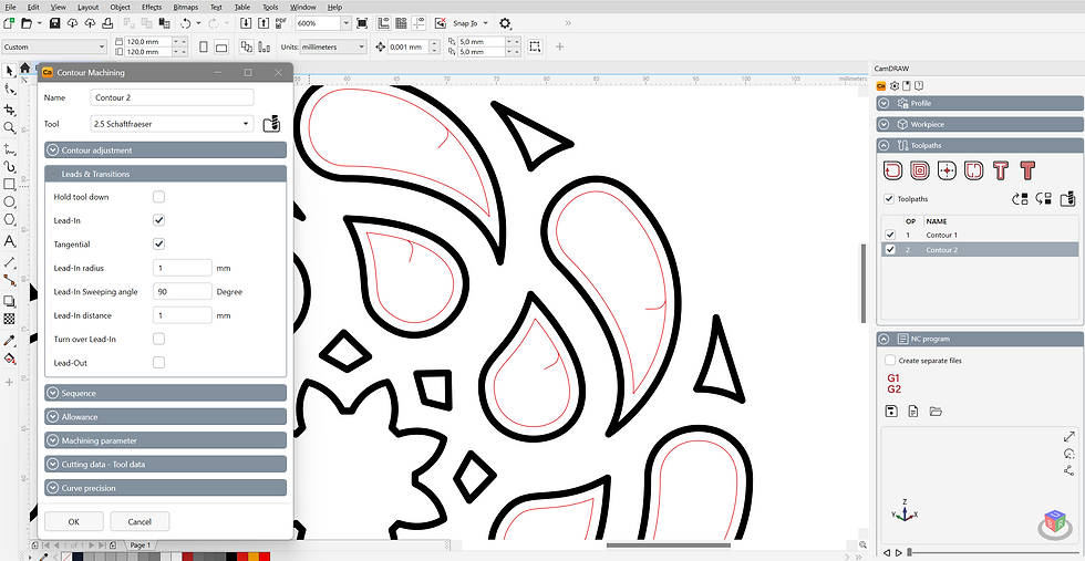 Lead-in and lead-out settings for a contour operation in CamDRAW