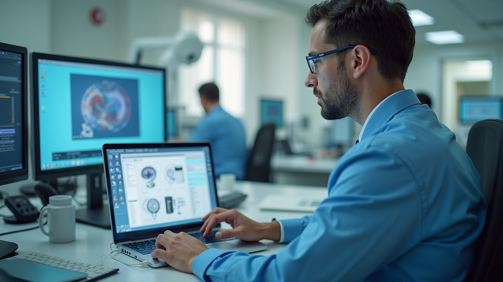 Eye-level view of a hospital administrator reviewing medical equipment catalog on a laptop