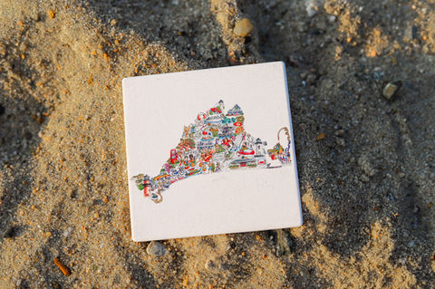 Introducing our collection of whimsical and useful Martha’s Vineyard mementos. Adorned with a striking image of the island that is composed of many hand drawn pictures of iconic island landmarks, the collection includes a cozy tapestry throw, an oversized mug, playing cards, trivets, drink coasters, tea towels, luggage tags and more! Perfect for lovers of Martha's Vineyard, there's something for everyone on your gifting list. Katama General. Cape Cod. East Coast. Hand made. Island. MV .Edgartown. Oak Bluffs. Gift Ideas. Unique